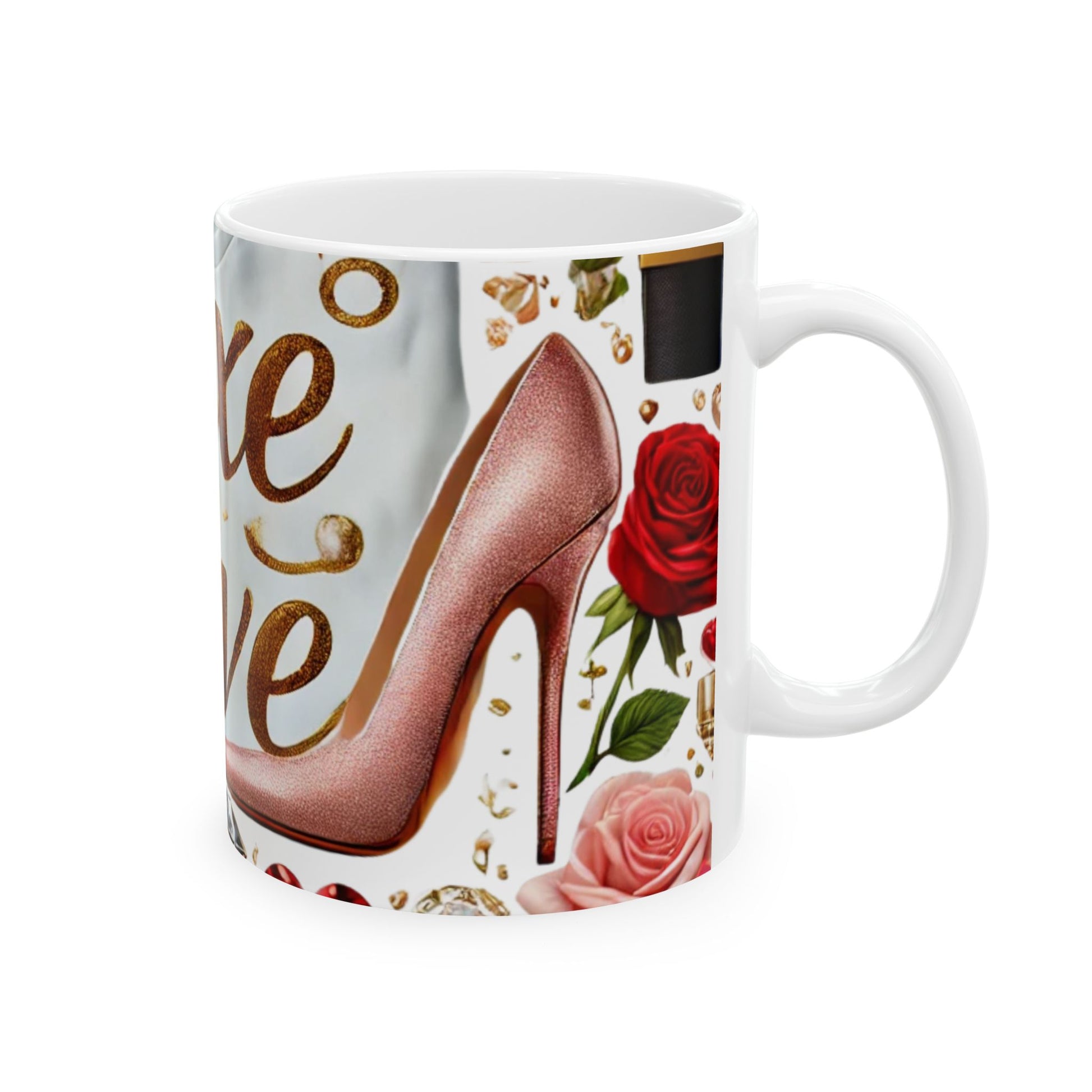 Mug with high heel shoe and roses design on a white background