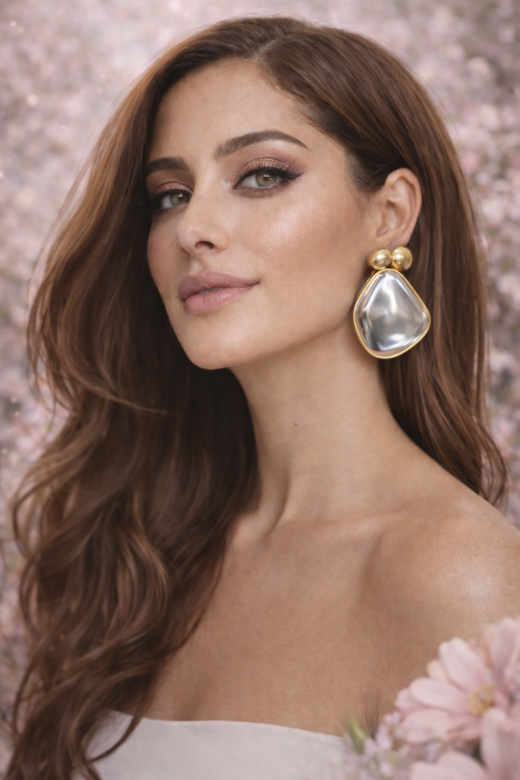 Woman wearing large teardrop earrings with a soft pink background