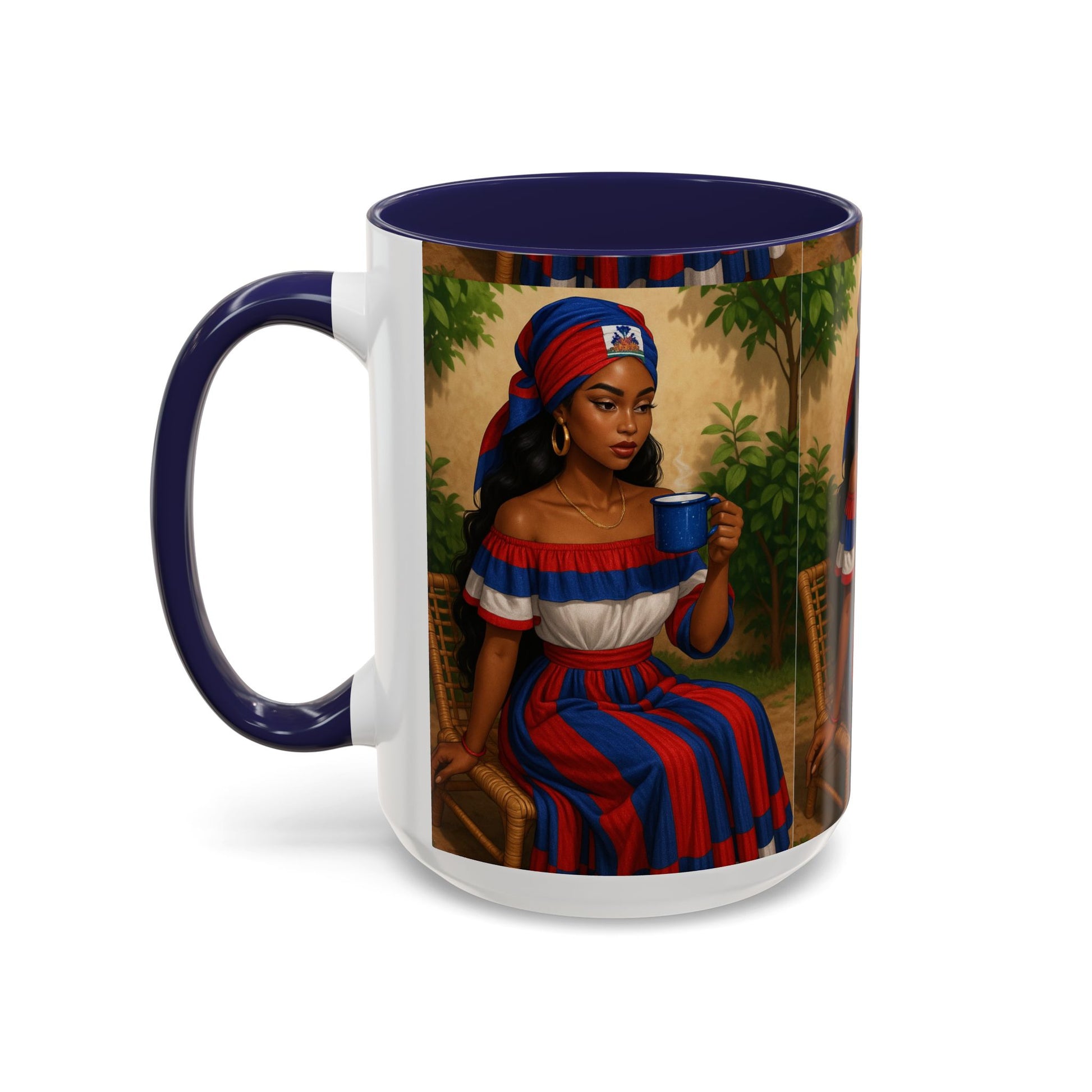 Mug with a design of a woman holding a cup, set against a white background