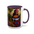 Mug with a design of a woman holding a cup, set against a white background