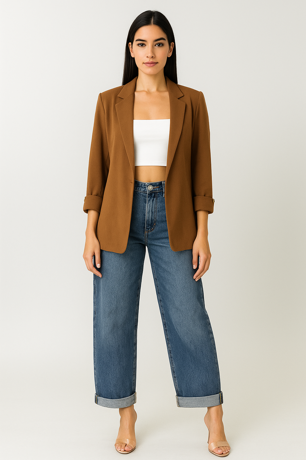 Woman wearing a brown blazer, white top, and blue jeans on a white background