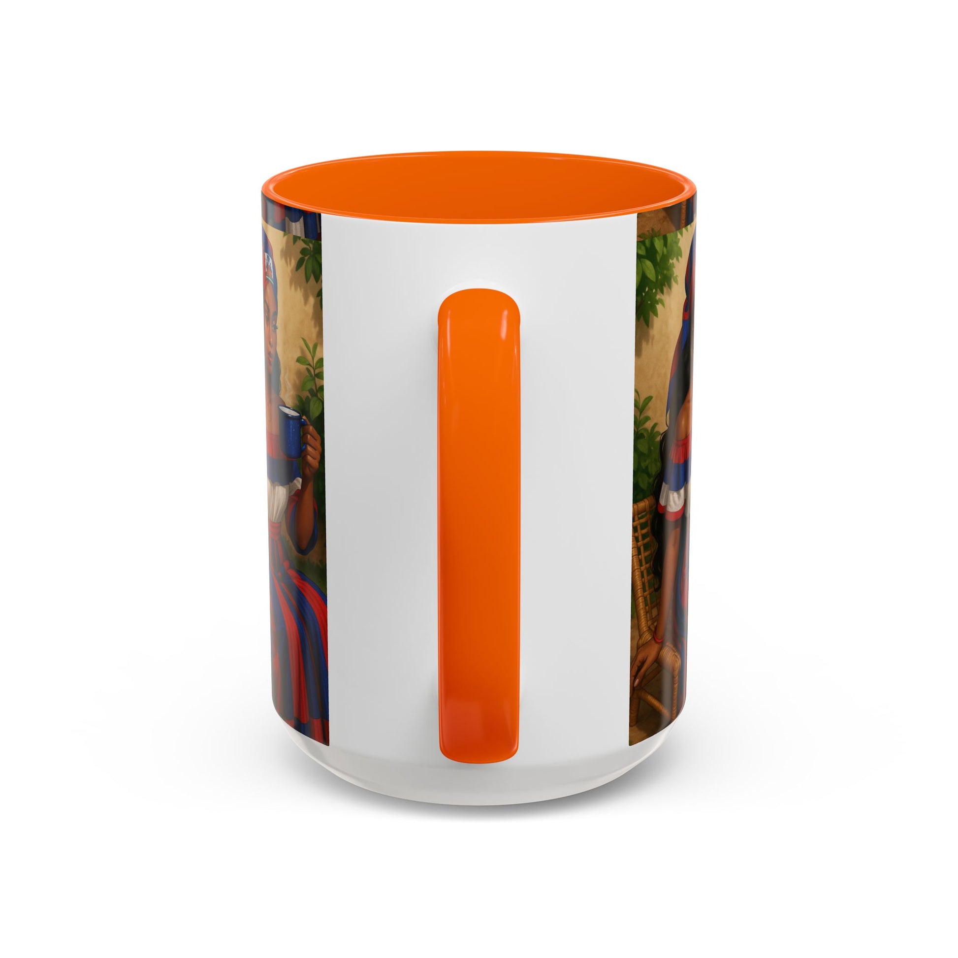 Tumbler with orange interior and colorful exterior design on a white background