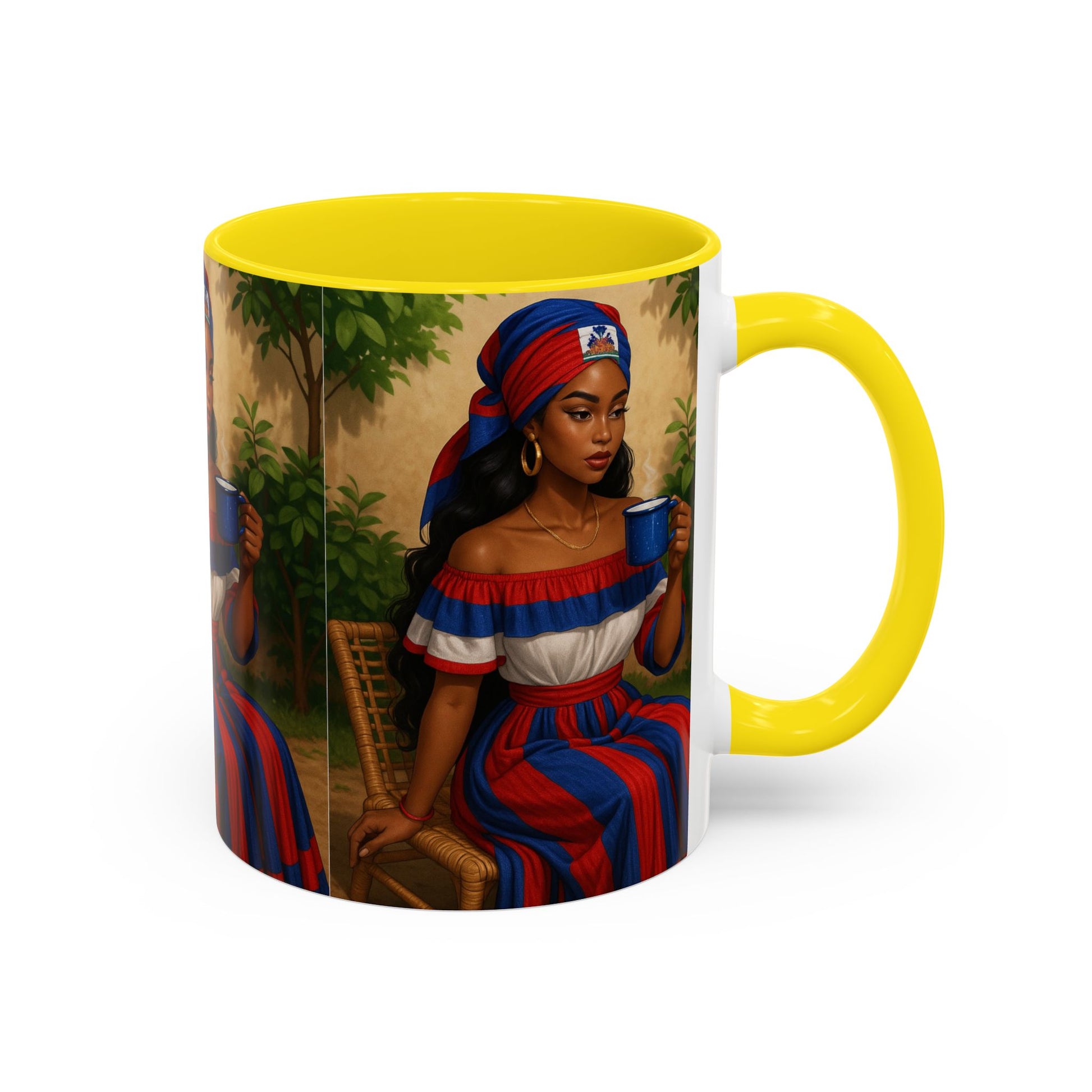 Mug with a colorful design of a woman holding a cup on a white background