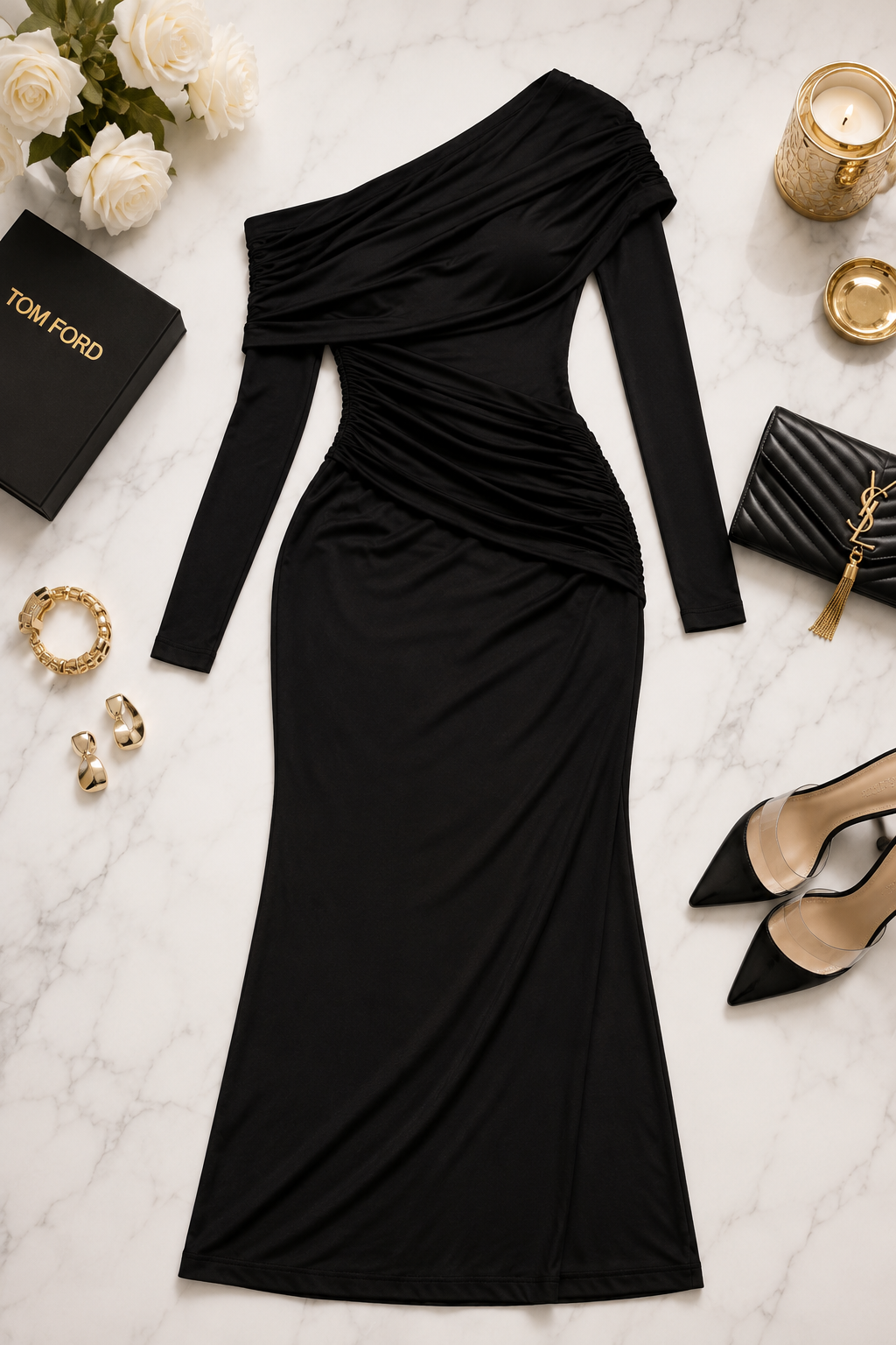 A black off-the-shoulder long-sleeve maxi dress with ruching, styled in a flat lay on a white marble background with gold accessories, black heels, a black clutch, and a black Tom Ford box.