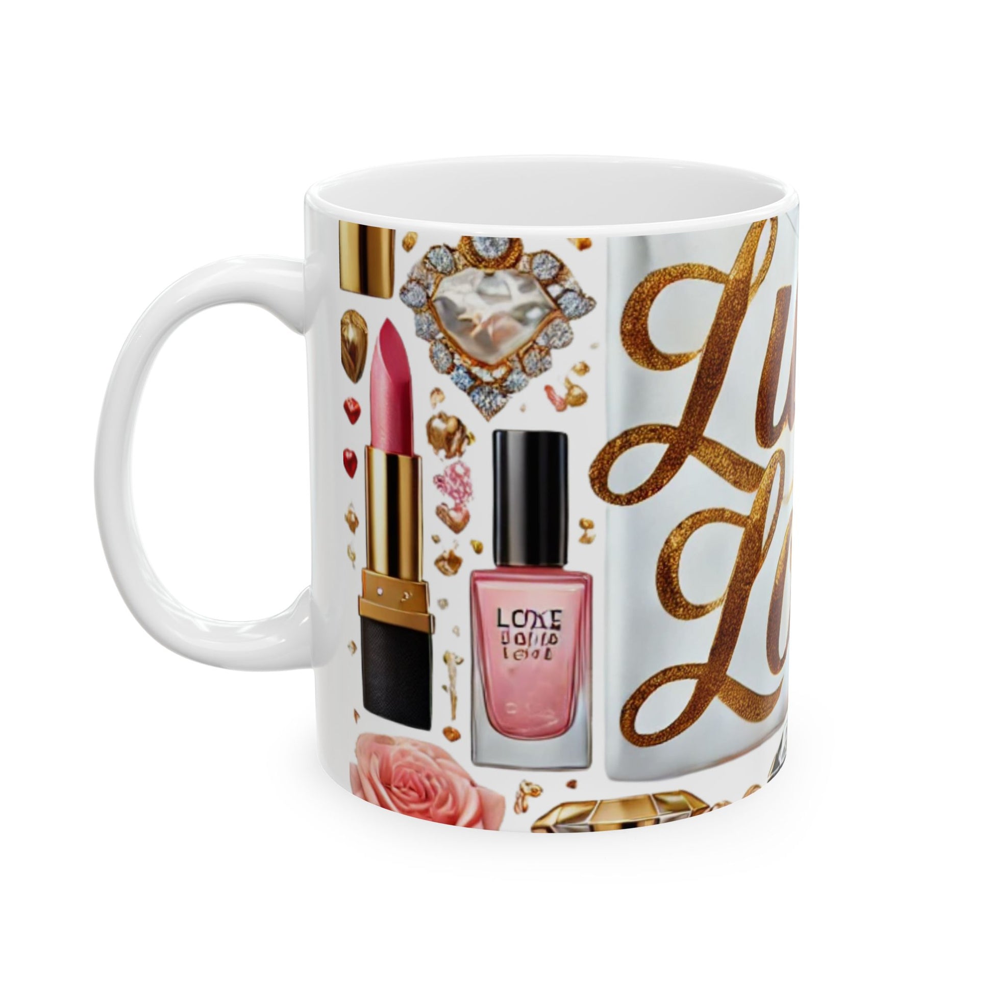 Mug with cosmetic-themed design featuring lipstick, nail polish, and jewelry on a white background

