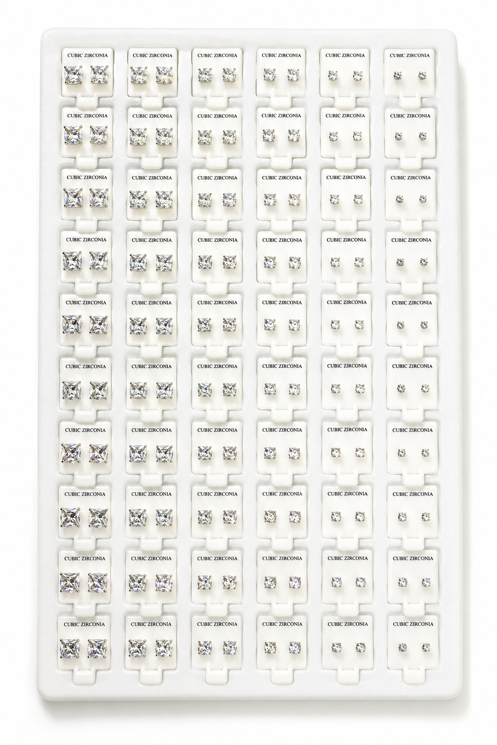 Set of small square earrings with a brand label on a white background