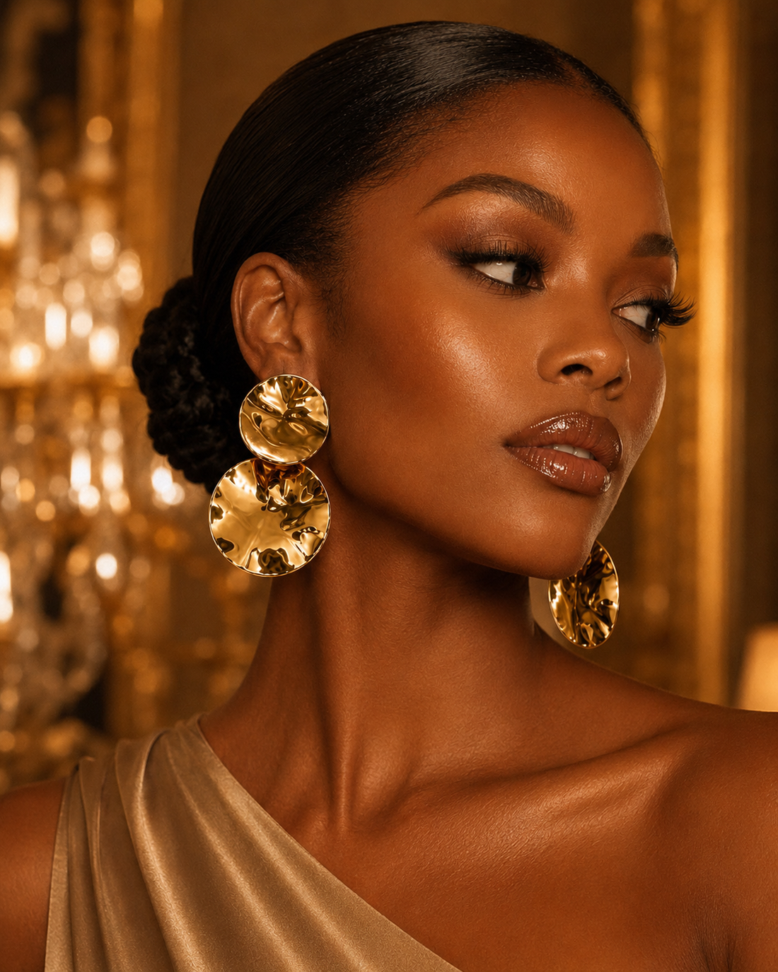 A close-up portrait of a woman wearing large, chunky gold disc earrings with a faceted, textured surface. She is dressed in a champagne-colored one-shoulder gown, set against a warm, golden background with soft bokeh lights.