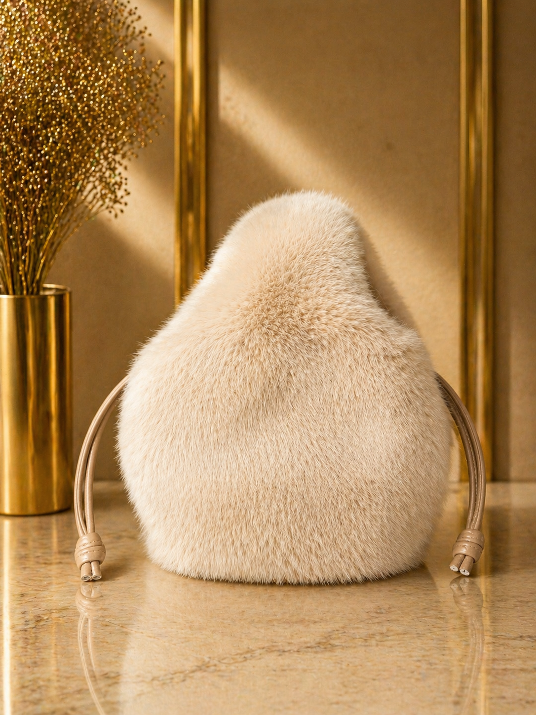 Red fluffy bag on a wooden surface with a gold vase in the background