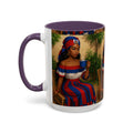 Mug with a colorful design of a woman holding a cup on a white background