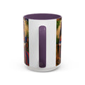 White tumbler with a purple handle and colorful design on a white background
