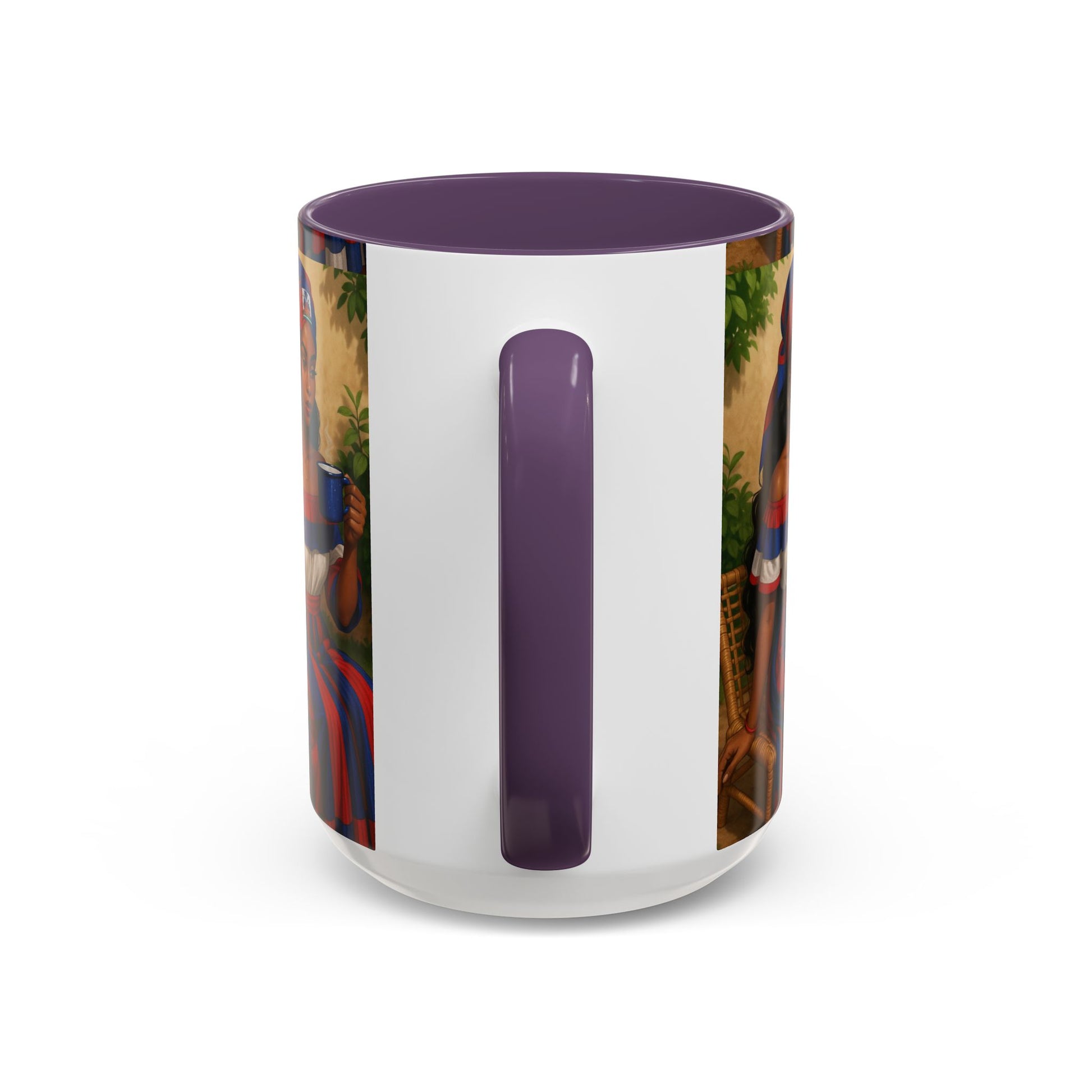 White tumbler with a purple handle and colorful design on a white background