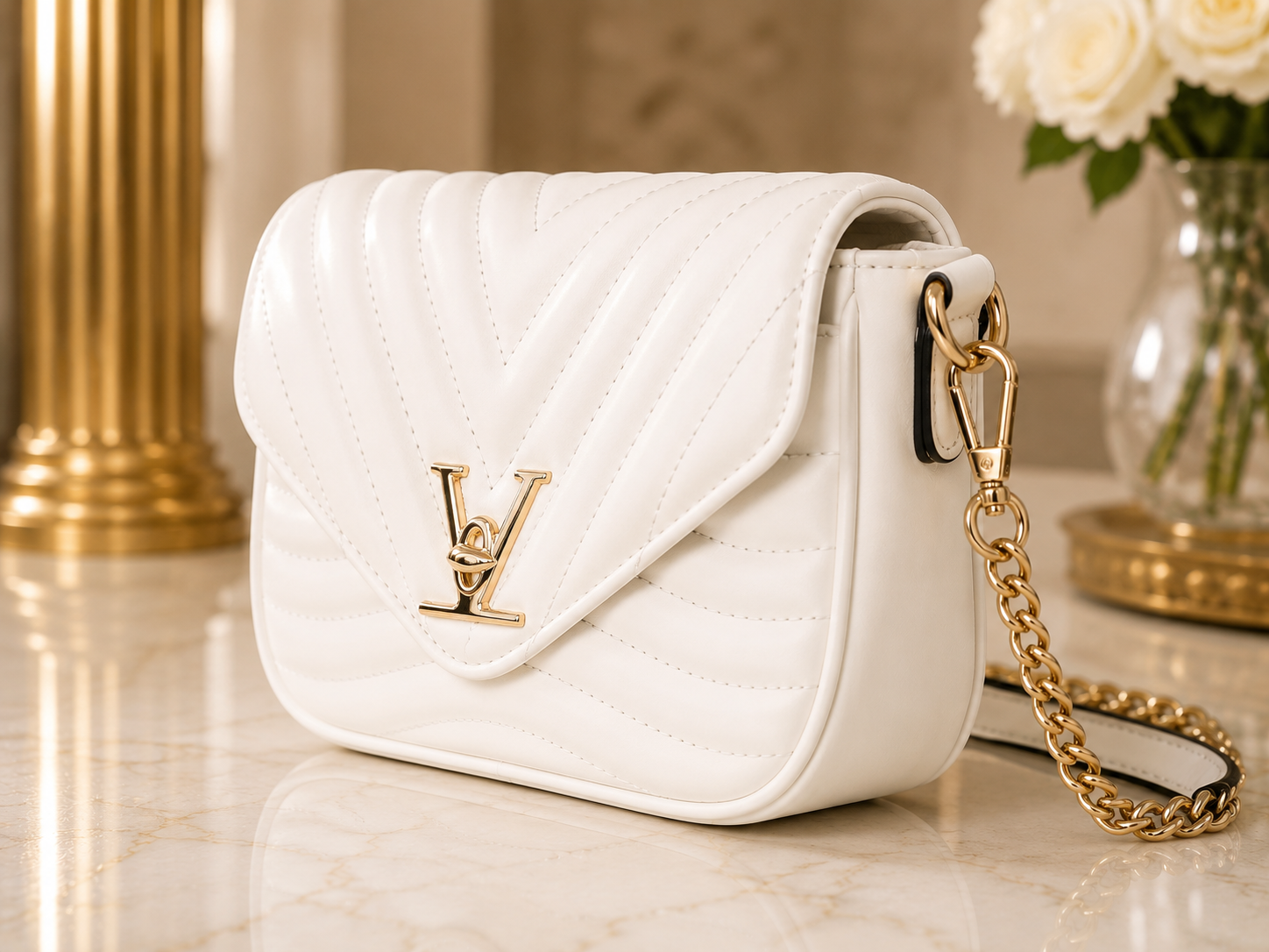 A white quilted leather shoulder bag with a gold-tone LV logo on the front flap and a gold chain strap, displayed on a marble surface with a blurred background.