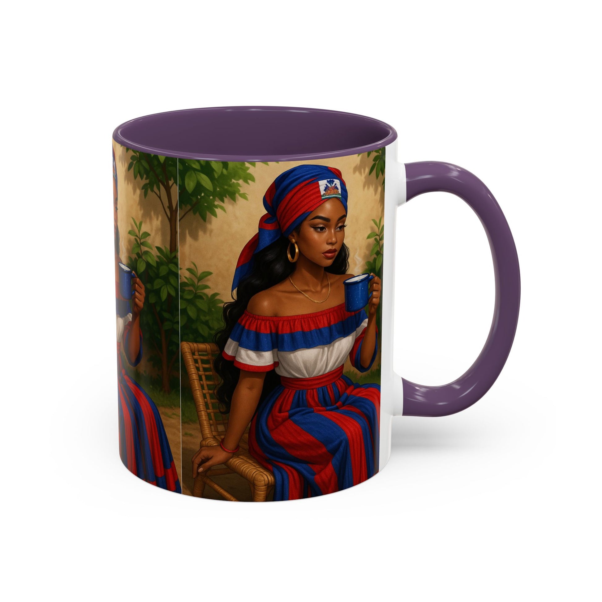 Mug with a colorful design of a woman holding a cup on a white background