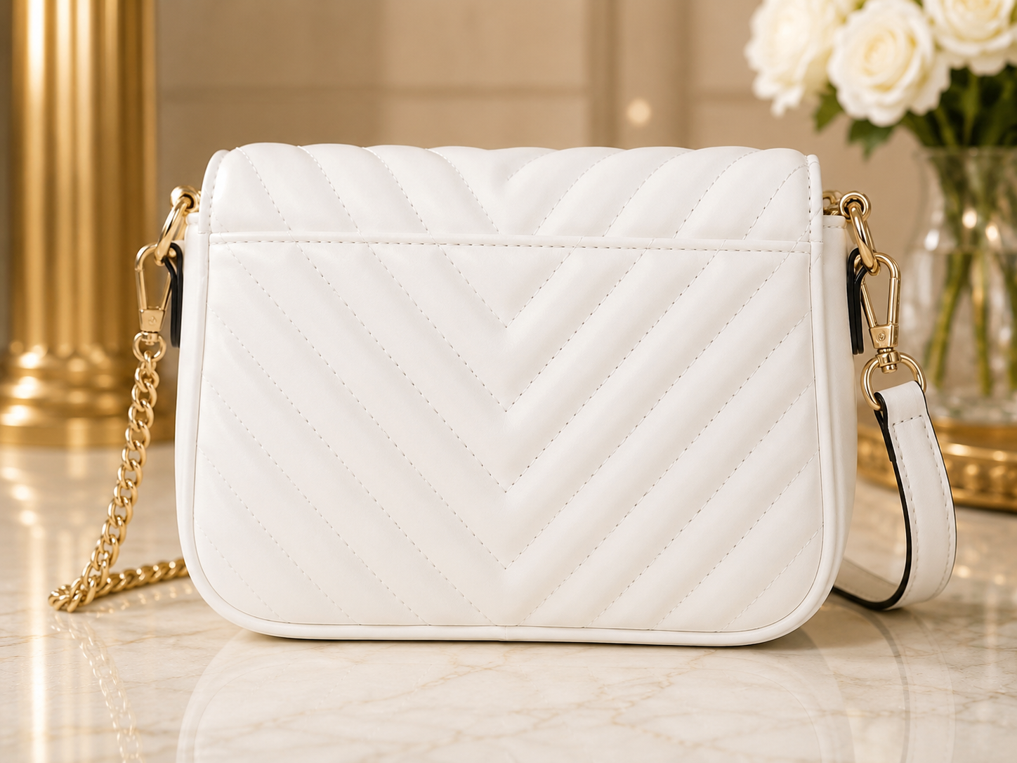 A white quilted faux-leather shoulder bag with a gold chain strap, displayed on a marble surface with a blurred background of gold columns and white roses.