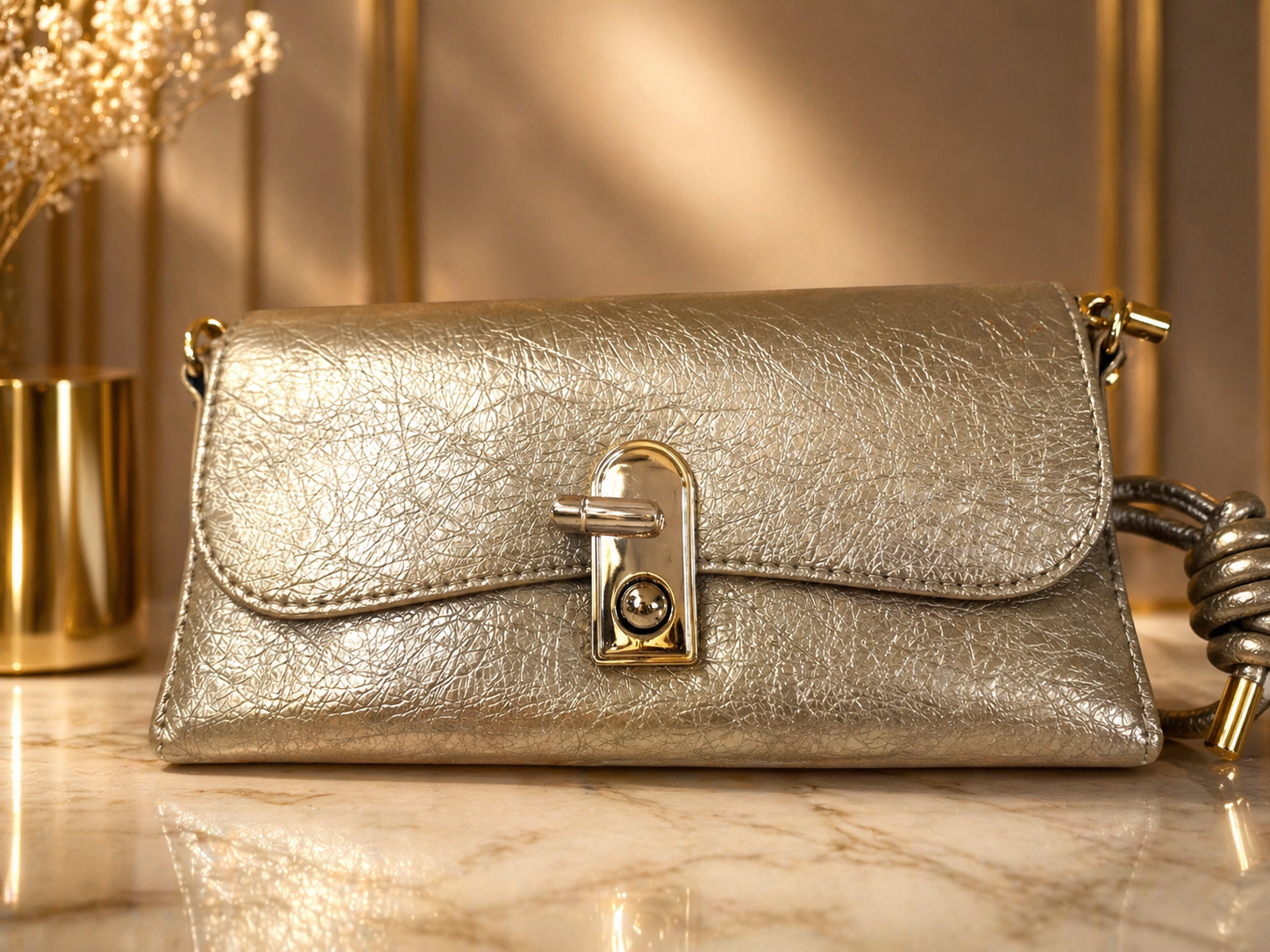 Gold metallic handbag on a marble surface with decorative elements