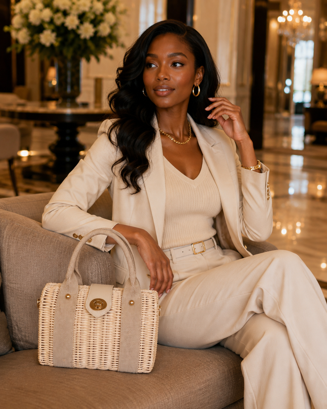 A woman stands in a luxury hotel lobby wearing a matching cream-colored three-piece suit, including a blazer, vest, and trousers, paired with a white top and beige heels. She is holding a structured cream handbag with gold hardware.