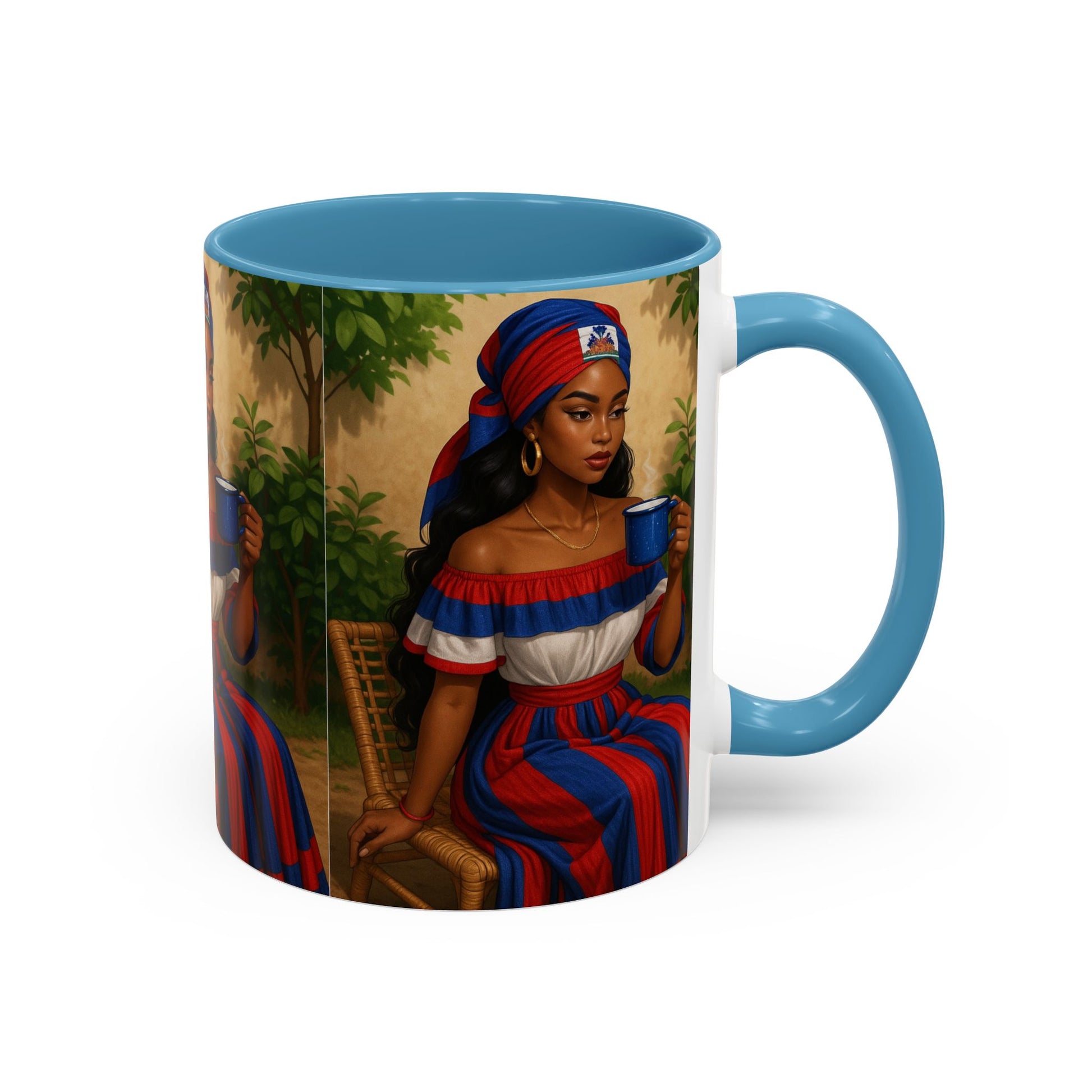 Mug with a design of a woman in a colorful outfit holding a cup, set against a white background.