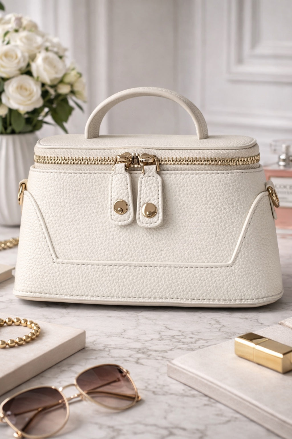 White handbag with gold accents on a marble surface with sunglasses and flowers in the background