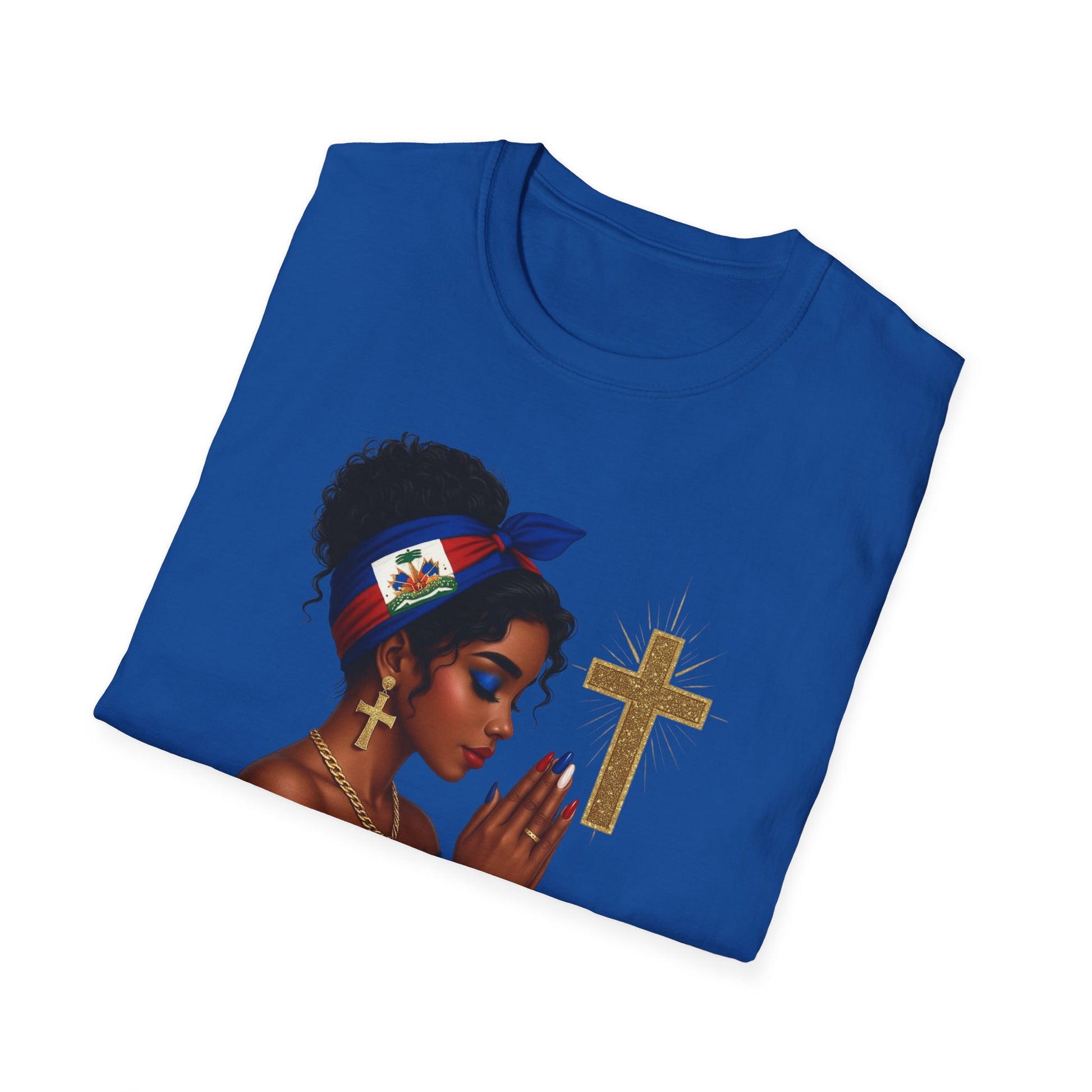 Blue t-shirt with a graphic of a woman holding a cross on a white background