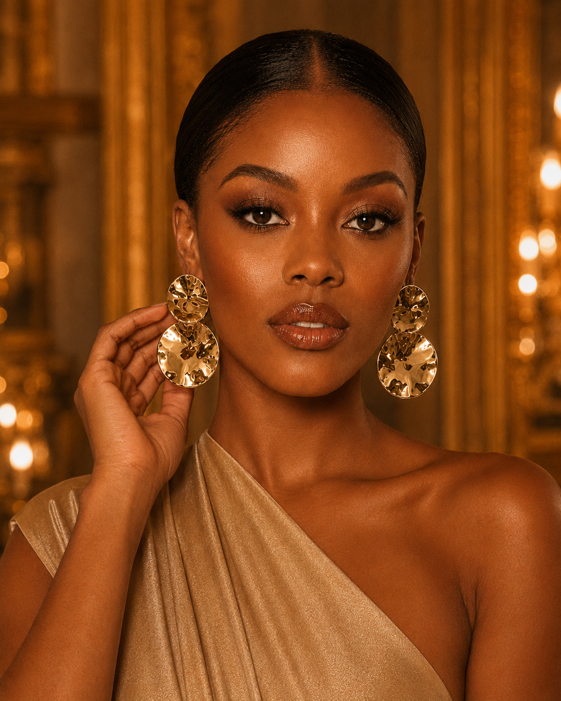 A woman with slicked-back hair wears large, chunky gold disc earrings while posing in a champagne-colored draped dress against a warm, golden background with soft lights.