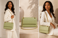 Woman holding a green quilted handbag with gold chain strap in various settings.
