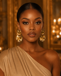 A woman with slicked-back hair wearing large, chunky gold disc earrings and a draped champagne-colored one-shoulder top, set against a warm, ornate gold interior background.