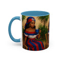 Mug with an illustration of a woman holding a cup on a white background