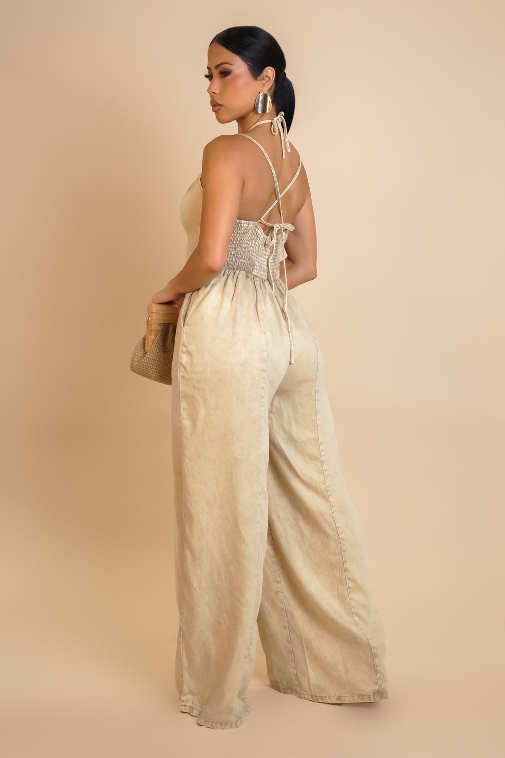 Serena Luxe Denim Halter Wide-Leg Jumpsuit – Beige & Blue