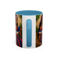 Mug with a colorful design of a person holding a cup on a white background