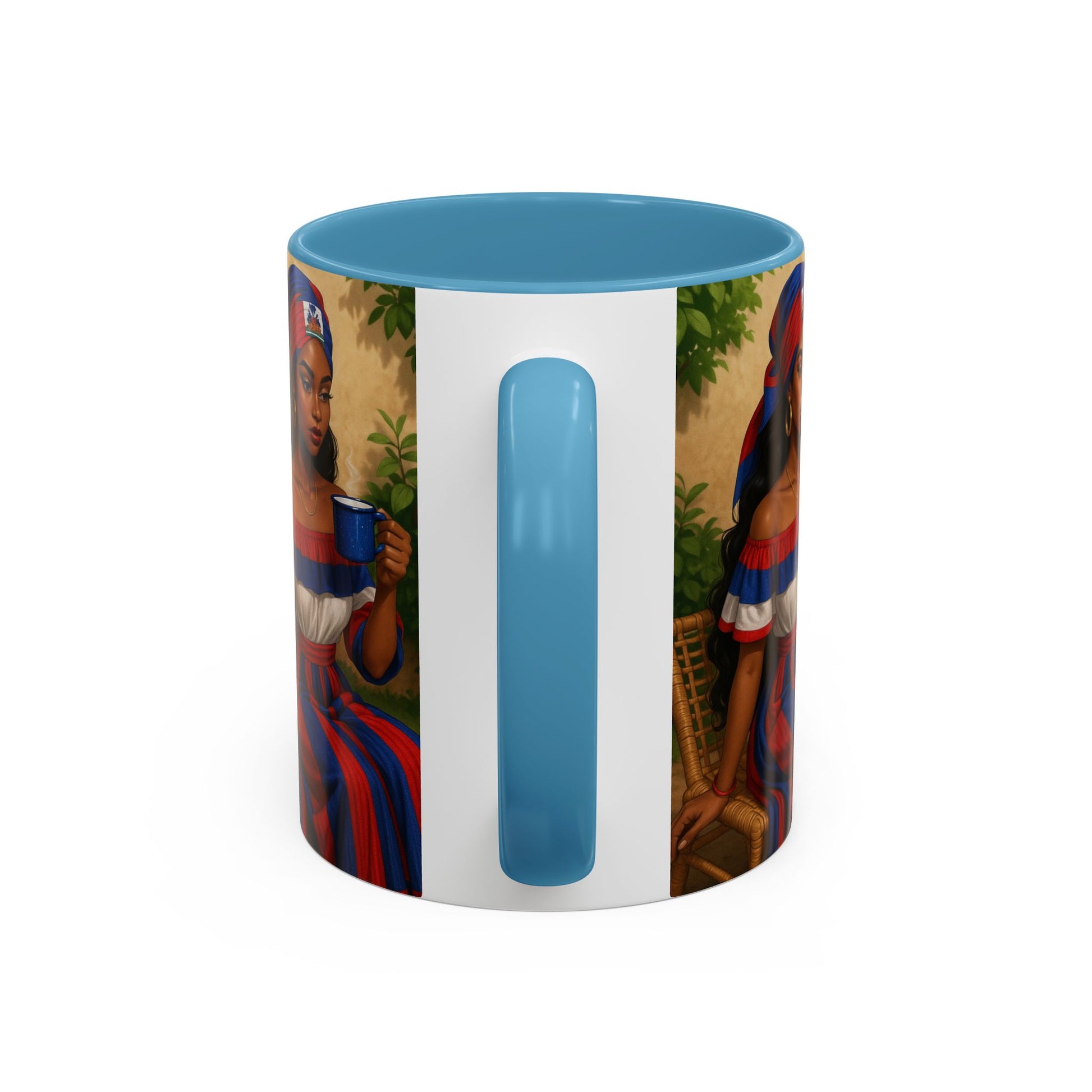 Mug with a colorful design of a person holding a cup on a white background