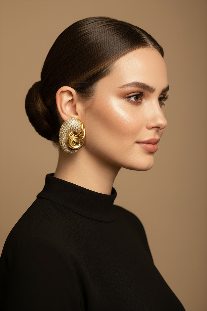 A woman in profile wearing a large, textured gold statement earring with a spiral design, set against a solid warm brown background.