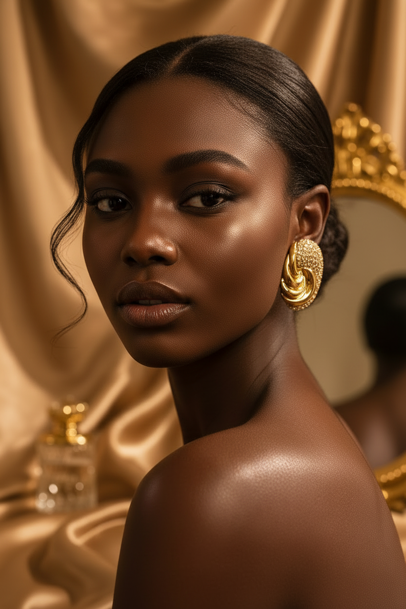 A close-up portrait of a woman with dark hair pulled back, wearing a large textured gold hoop earring, set against a luxurious gold satin backdrop.