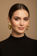A close-up portrait of a woman with dark hair pulled back, wearing large ornate gold hoop earrings and a black turtleneck against a warm beige background.