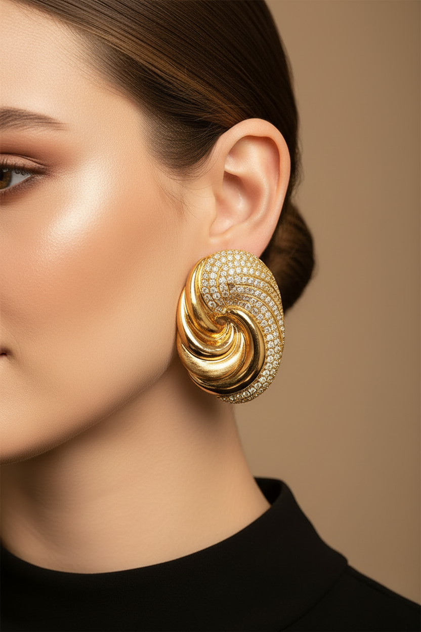 A close-up of a model wearing a large, sculptural gold earring adorned with rows of clear pavé stones. The earring features a twisted, spiral design with alternating bands of polished gold and pavé-set clear stones.