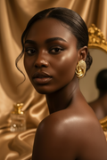 A close-up portrait of a woman with dark brown skin and hair pulled back, wearing a large textured gold hoop earring. She is set against a luxurious draped gold satin background with a blurred ornate mirror.