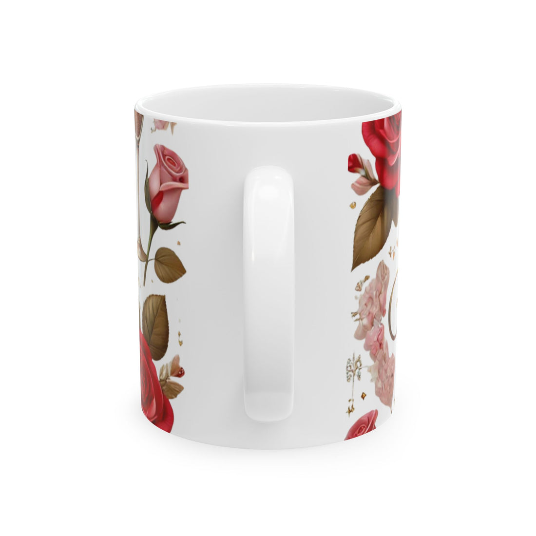 White mug with gold and red text on a white background