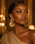 A close-up portrait of a woman wearing large, double-tiered gold statement earrings and a beige one-shoulder top, set against a warm, softly blurred golden background.