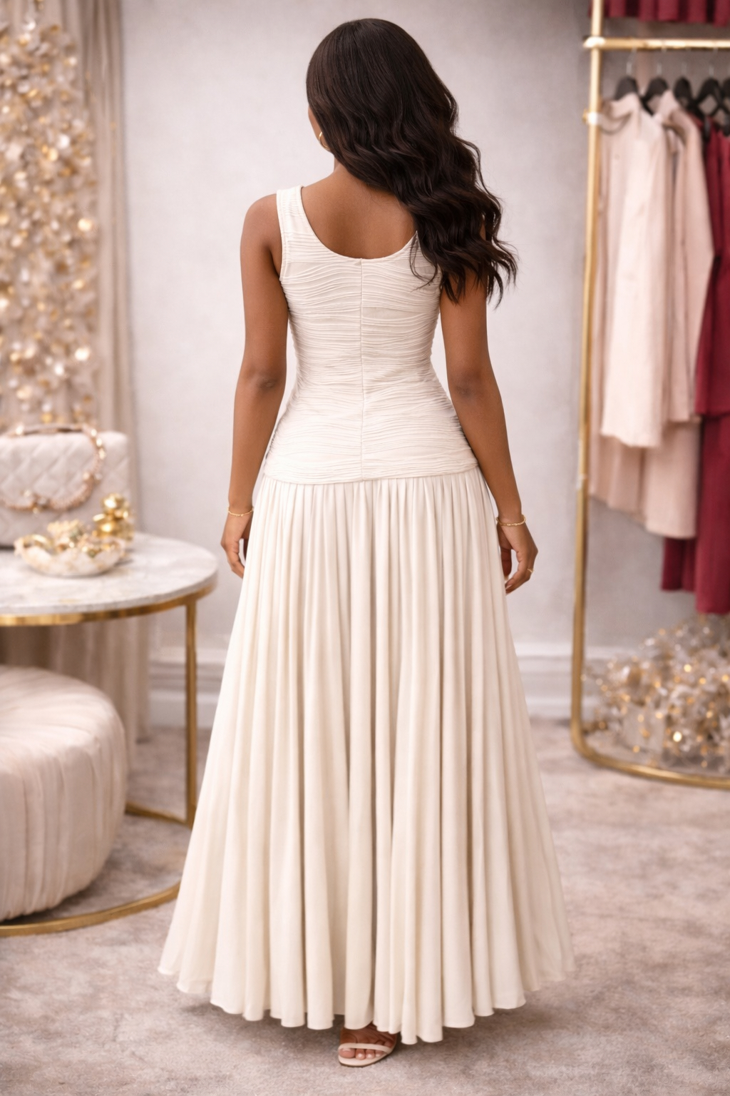 Woman wearing a white dress in a stylish room with decor elements.