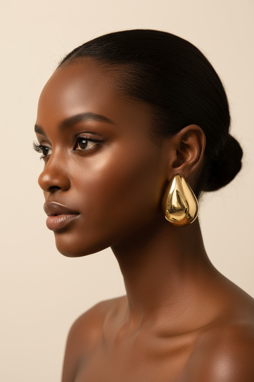 Gold teardrop earrings on an 'andante' branded card with a beige background