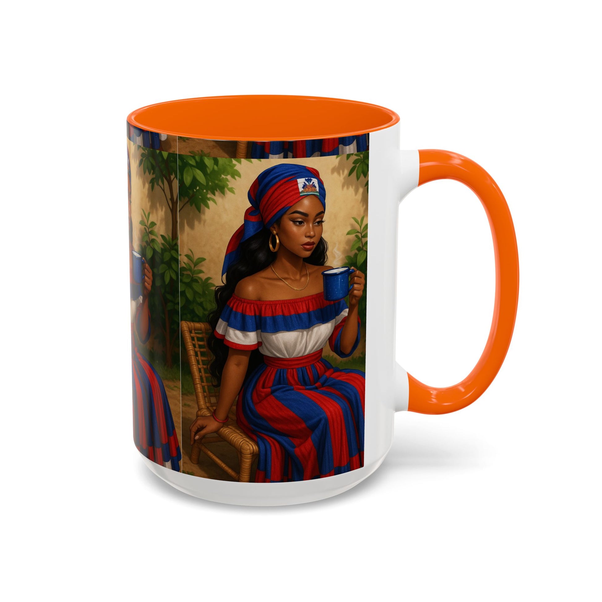 Mug with a design of a woman holding a cup, featuring red, white, and blue colors on an orange interior and handle.