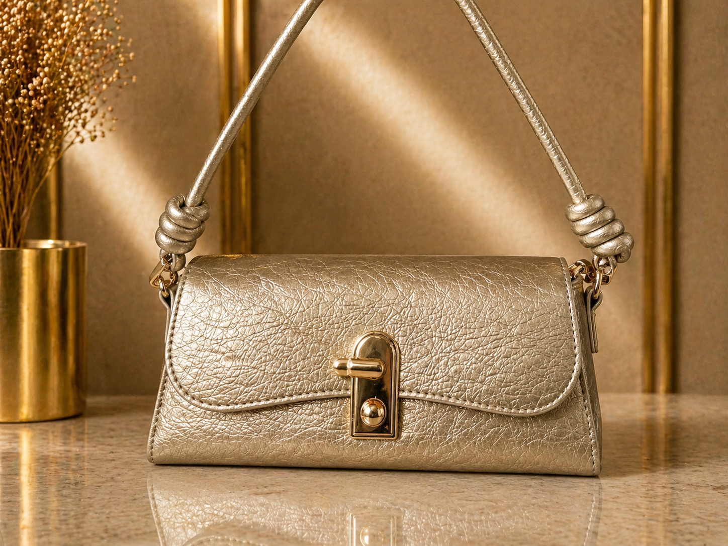 Gold handbag with a reflective surface on a wooden surface.