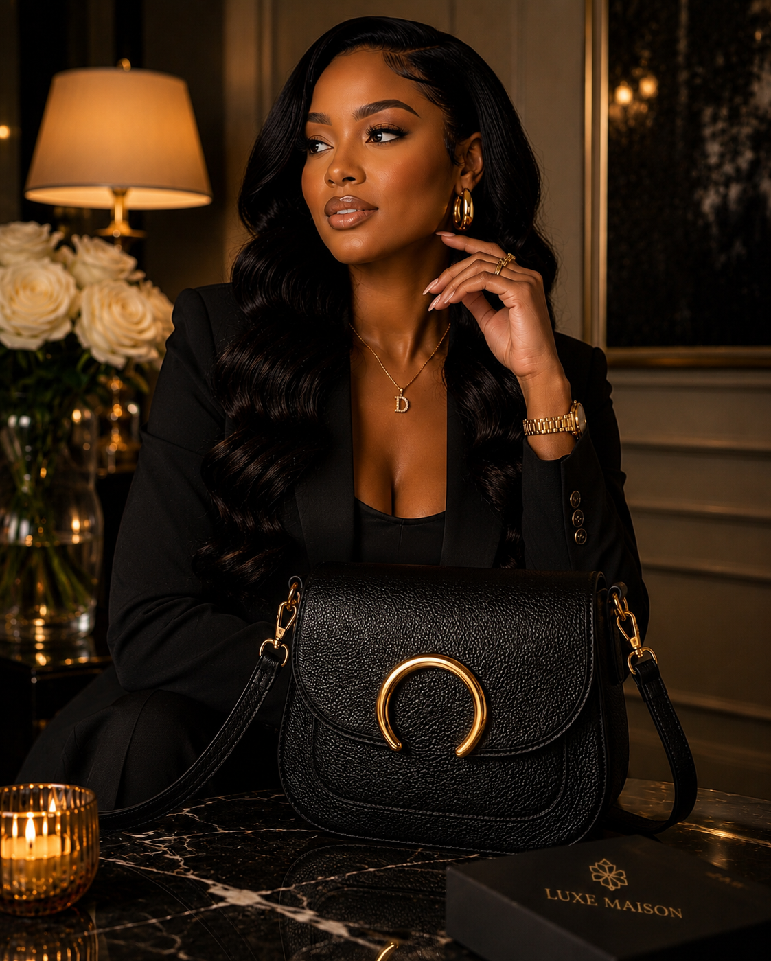 “Woman in black blazer with black Luxe Maison leather crossbody bag with gold hardware and white roses”