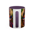 Mug with a colorful design of a person holding a cup on a white background