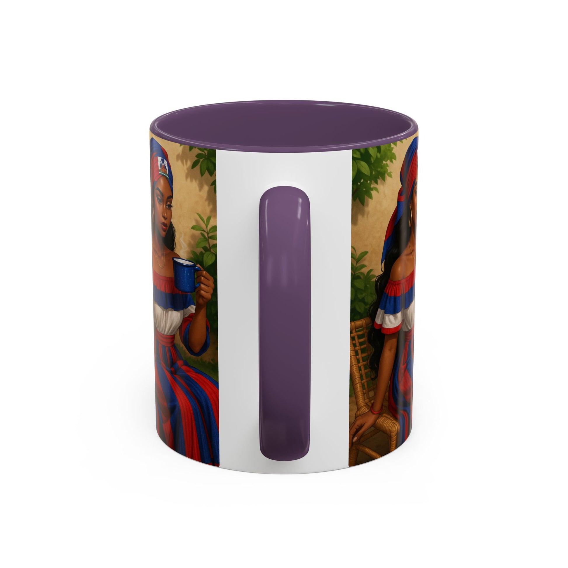 Mug with a colorful design of a person holding a cup on a white background