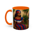 Mug with a design of a woman holding a cup, featuring an orange handle and interior.