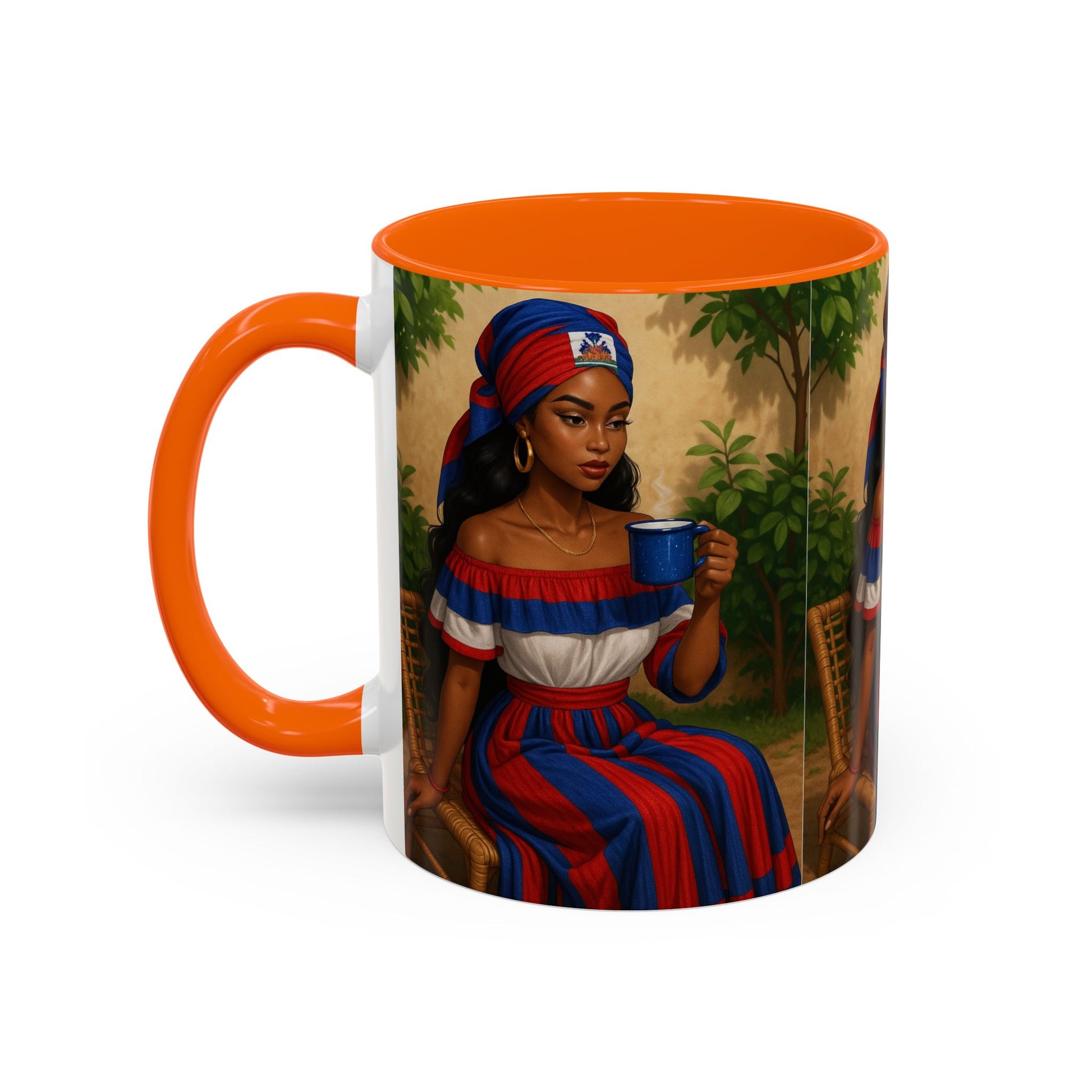 Mug with a design of a woman holding a cup, featuring an orange handle and interior.