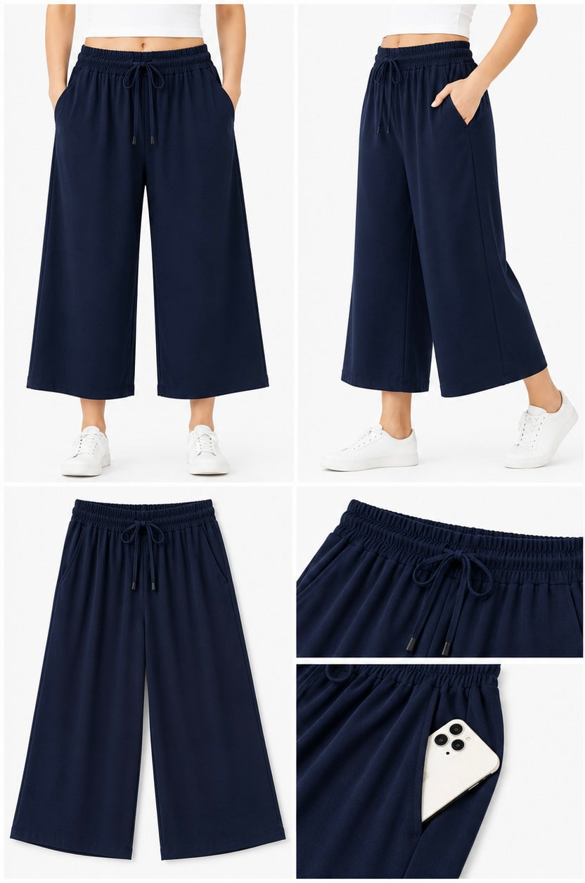 Collage of beige wide-leg pants with a person wearing them on a white background.
