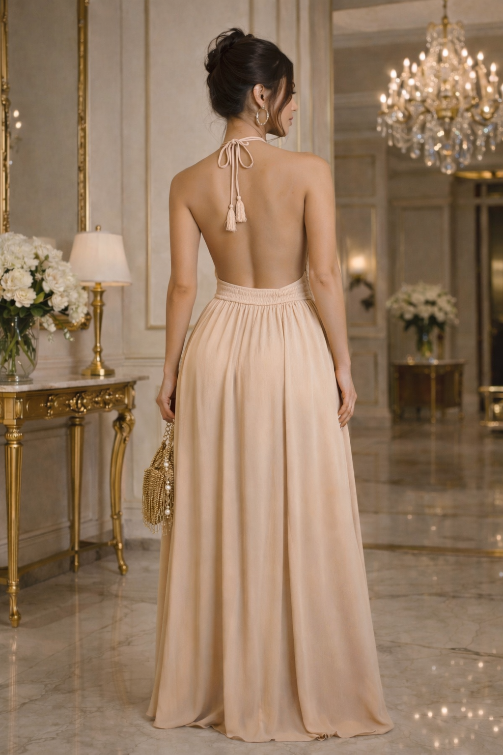 Woman in a beige evening gown standing in an elegant room with chandeliers and floral arrangements.