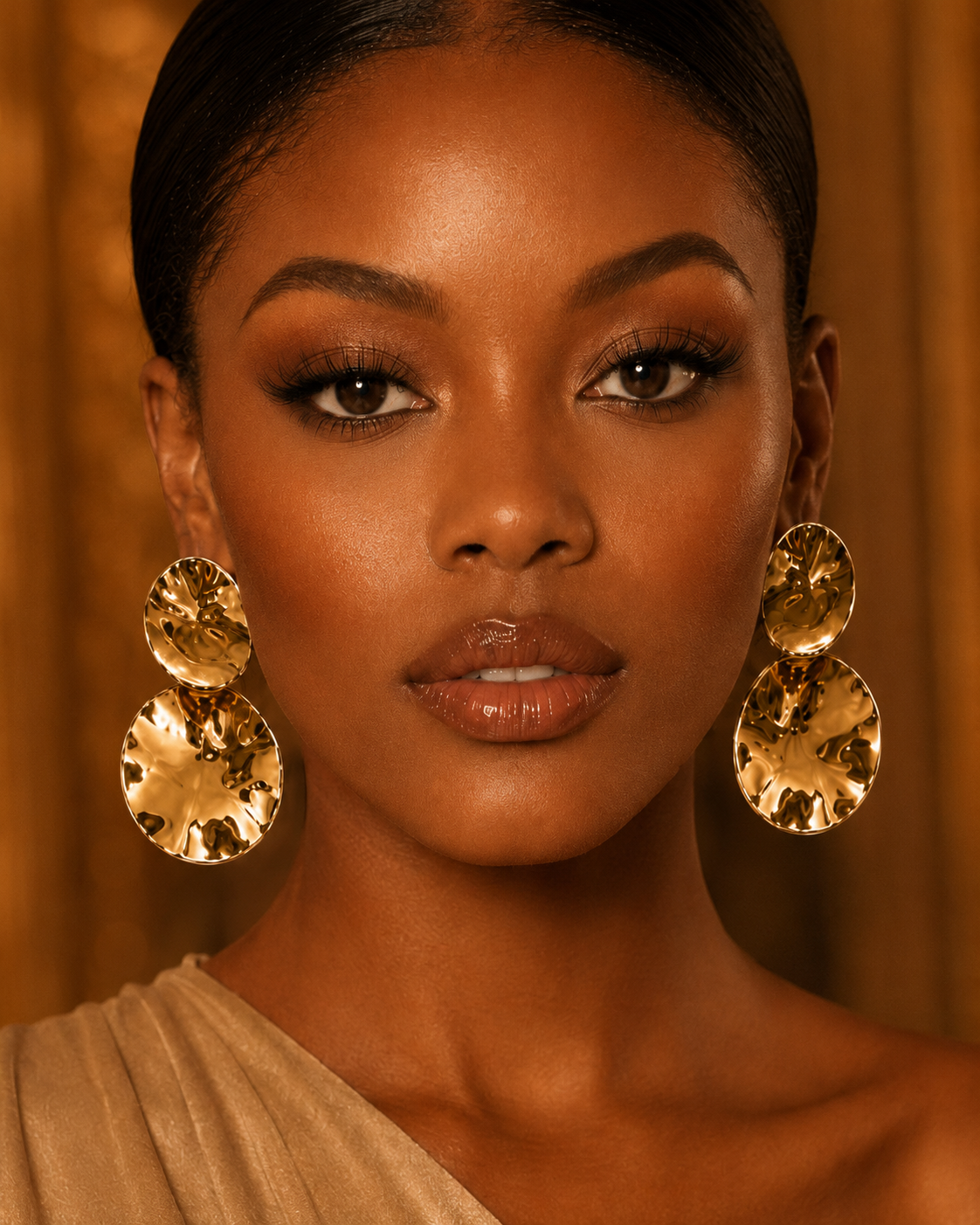 A close-up portrait of a model wearing large, chunky double-drop statement earrings made of faceted gold-toned crystal or glass, paired with a beige draped top against a warm, golden-brown background.