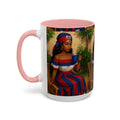 Mug with a design of a woman holding a cup on a white background